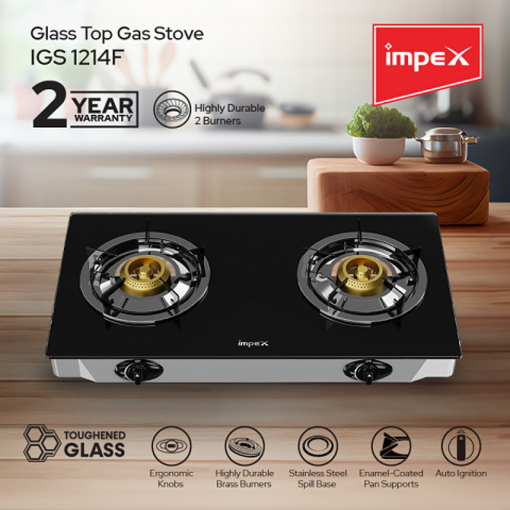 Impex 2-burner gas hob with glass surface and self-ignition