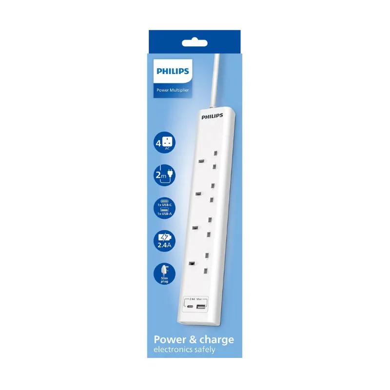 Philips 4-Way UK Extension Lead with 1x Type A,1x Type CUSB Ports (2.4A), 13A Breaker and Child Safety Shutters, 2 Meter Length
