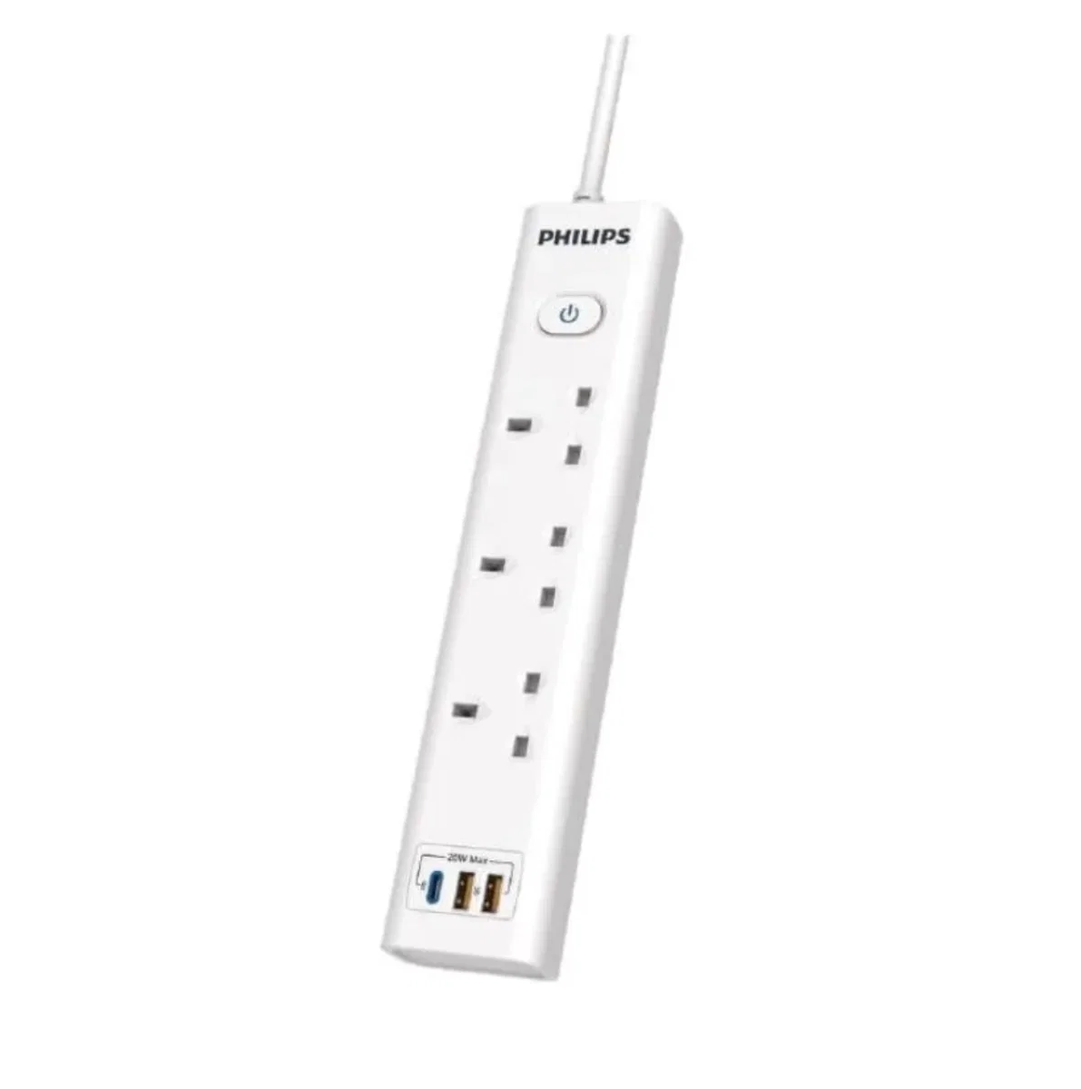 Philips Power Strip, 3250 W Power, 3 m Length, 3 Outlets, 13 A Circuit Breaker, Dual USB Type-A Ports (2.4 A), One USB Type-C Port (18 W), with Main Power Switch