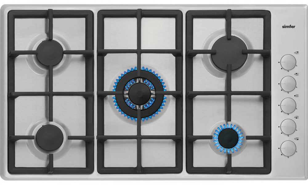 Simfer Built-in Gas Hob, 50*90 cm, 5 Steel Burners, Self-Ignition
