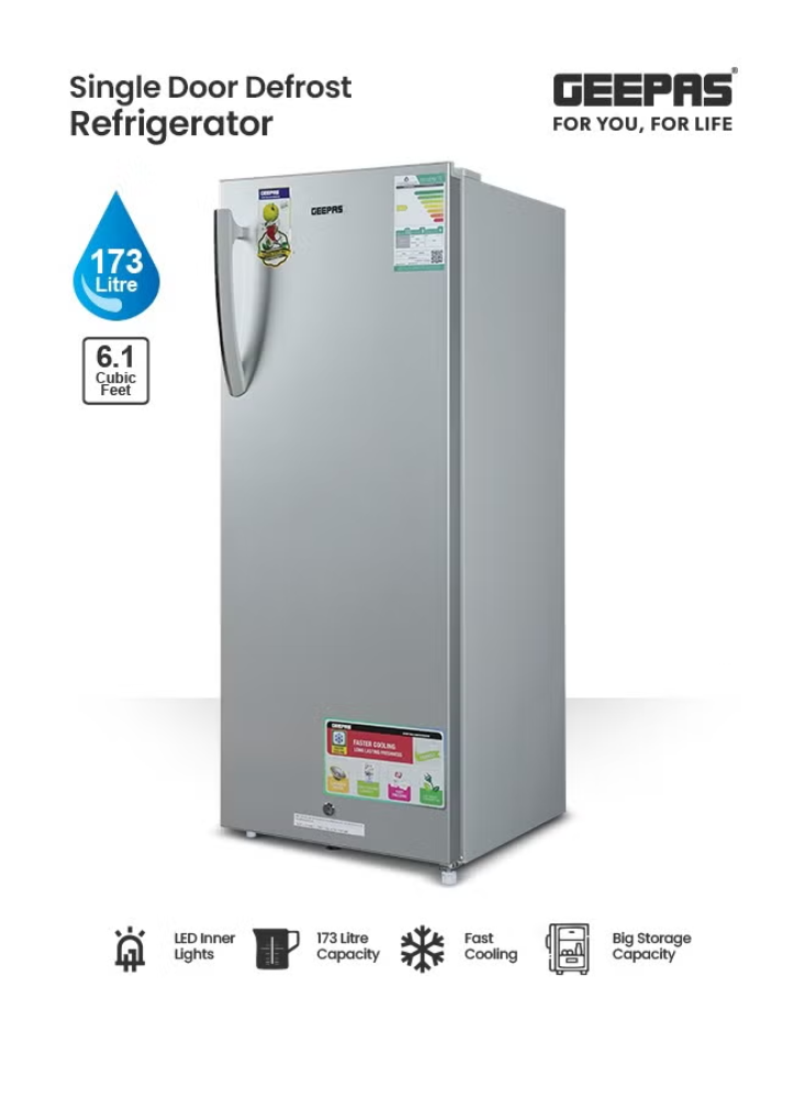 Geepas Single Door Refrigerator 6.1 cu ft, 173 L, Silver
