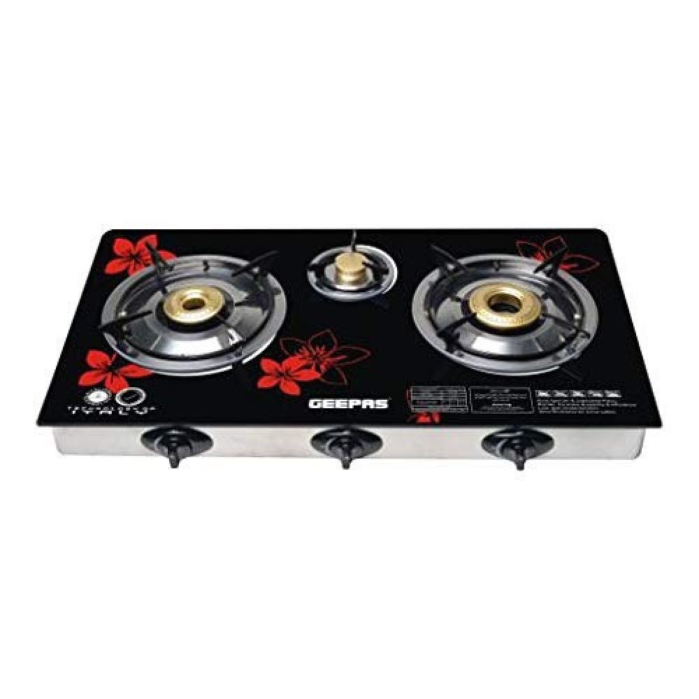 Geepas gas hob, 3 burners, black glass top