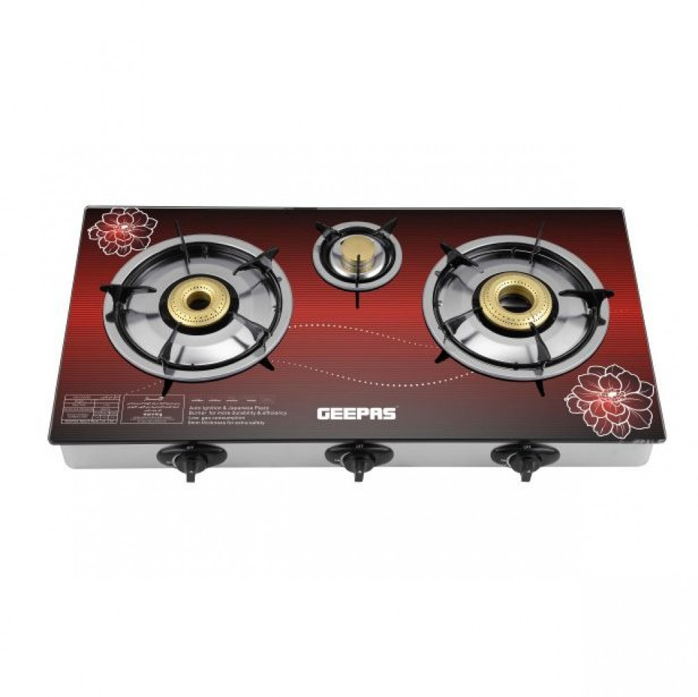 Geepas 3-burner gas hob, glass top, red/black