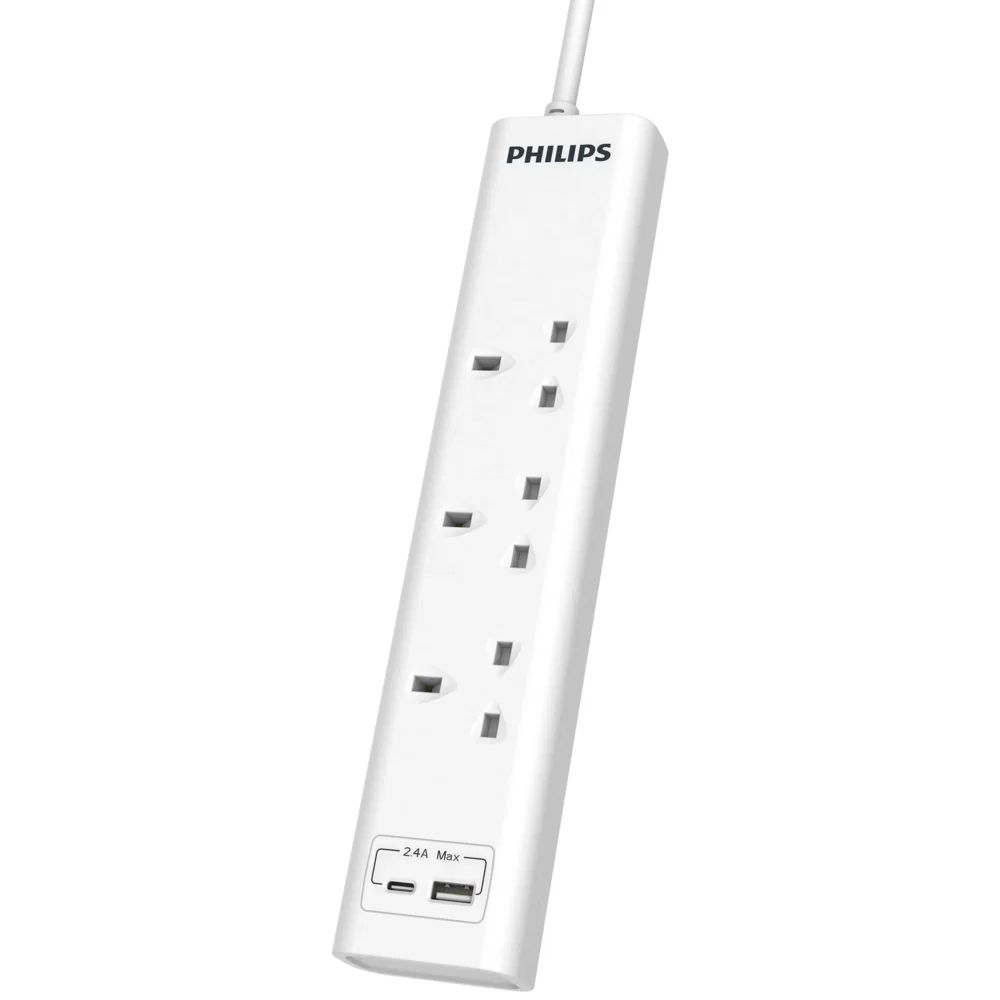 Philips Extension Cord 5 Outlet, 3 Port UK, 1X USB-A & 1X USB-C, 3M, White