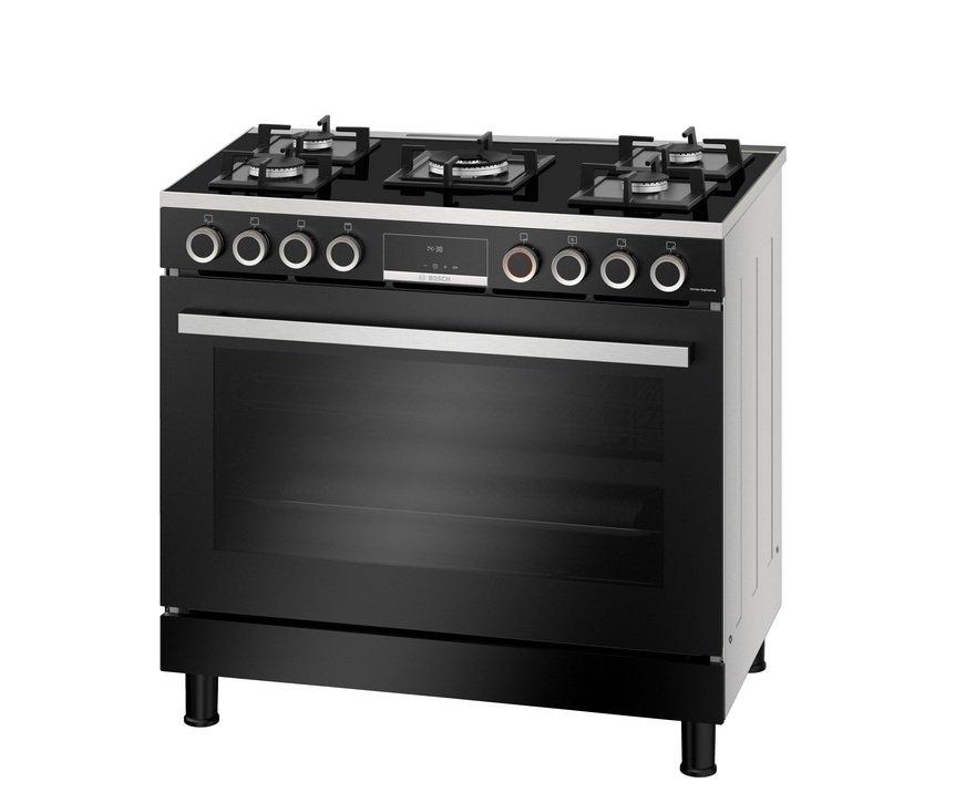 Bosch, Gas Cooker, 90x60 cm, 5 Burner, Electronic Timer, Stainless Steel Black