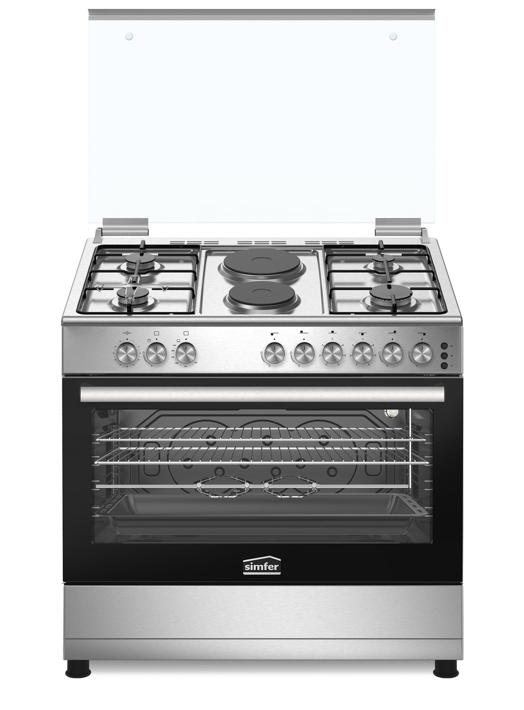 Simfer Gas & Electric Cooker, 90x60 cm, 4 Gas Burners, 2 Electric Burners, Stainless Steel