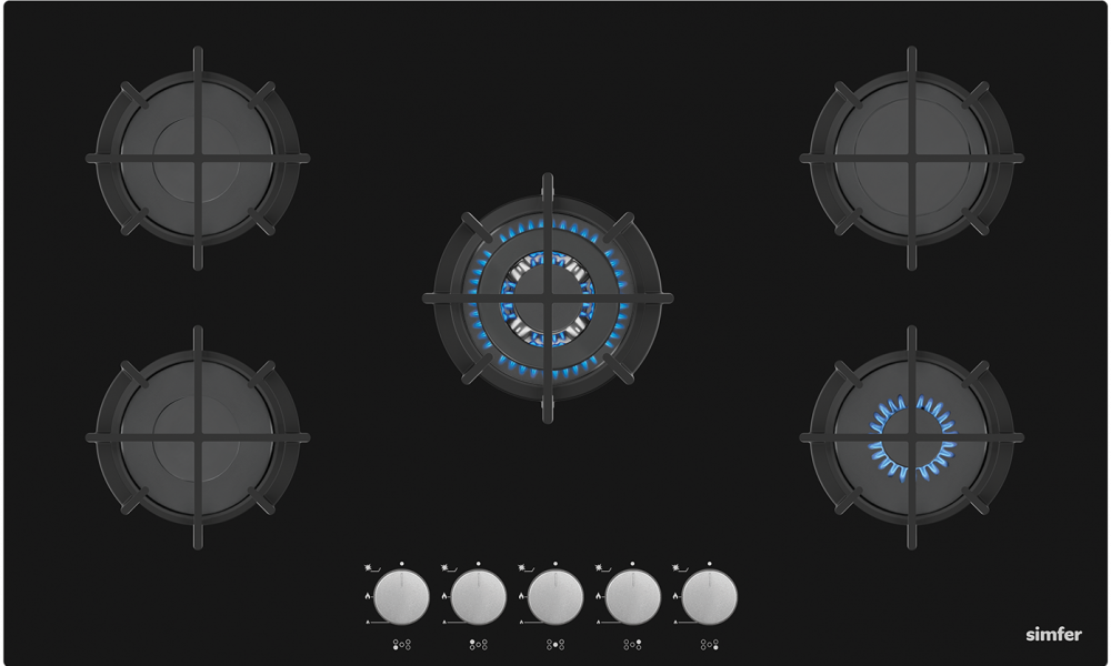 Simfer Built-in Gas Hob with Glass Top, 50*90 cm, 5 Burners, Self-Ignition