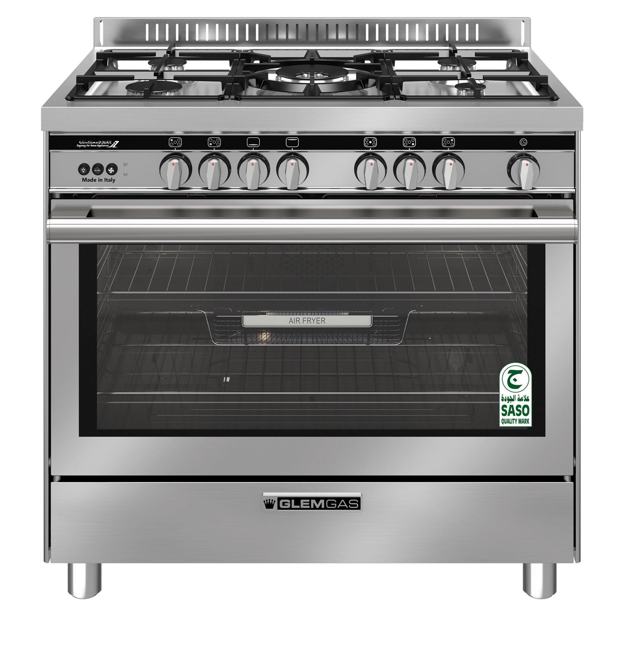 Glem Gas Cooker 90X60, 5Gas Burners, Air Fryer, Full Safety, Cast Iron Pan Supports