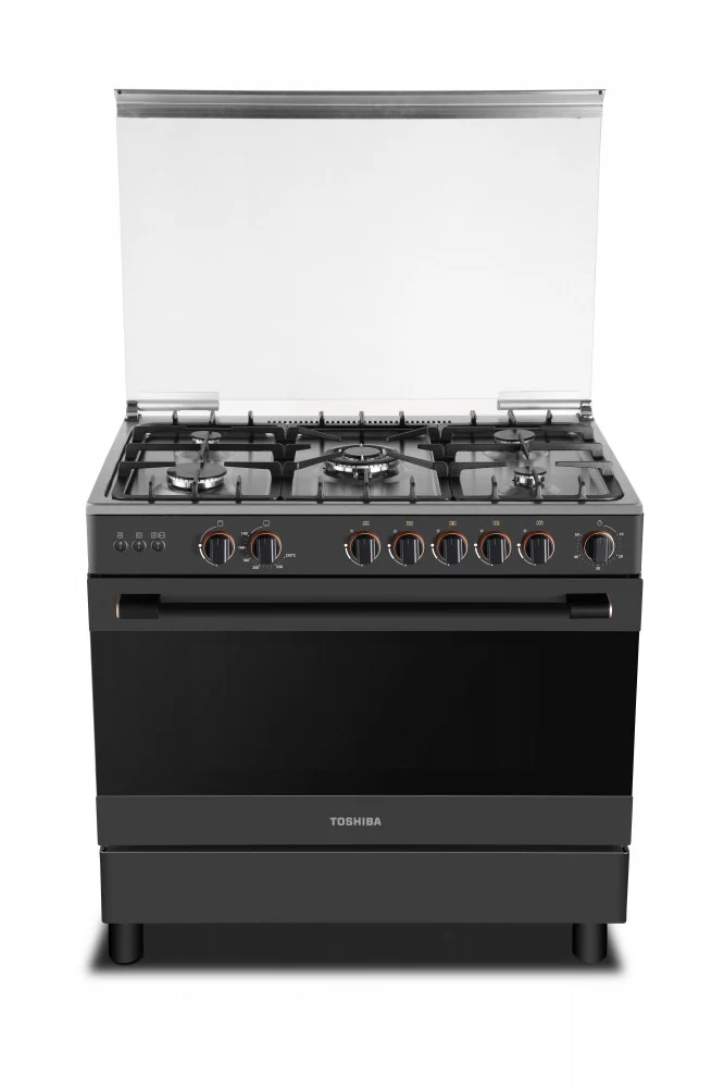 Toshiba Gas Oven 60*90 cm, 5 Burners, Stainless Steel, Safety Features, Fan, Heavy Duty Rack