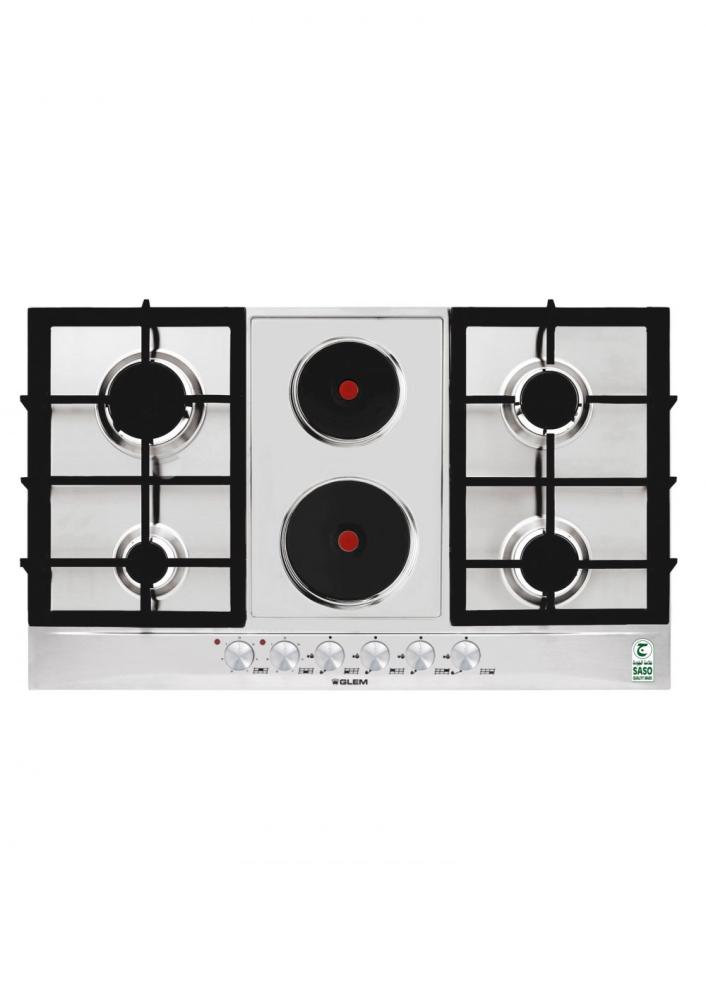 Glem Gas Built-in Hob, 4 Gas Burners, 2 Electric Burners, Steel, 86*50 cm, Italian