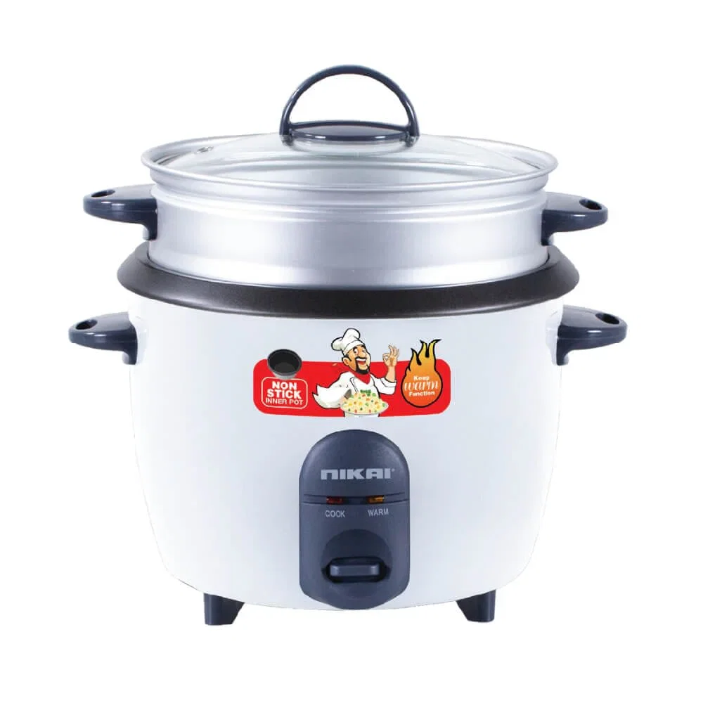 Nikai Rice Cooker 2.8 L, 1000W, Glass Lid, Healthy steaming, White