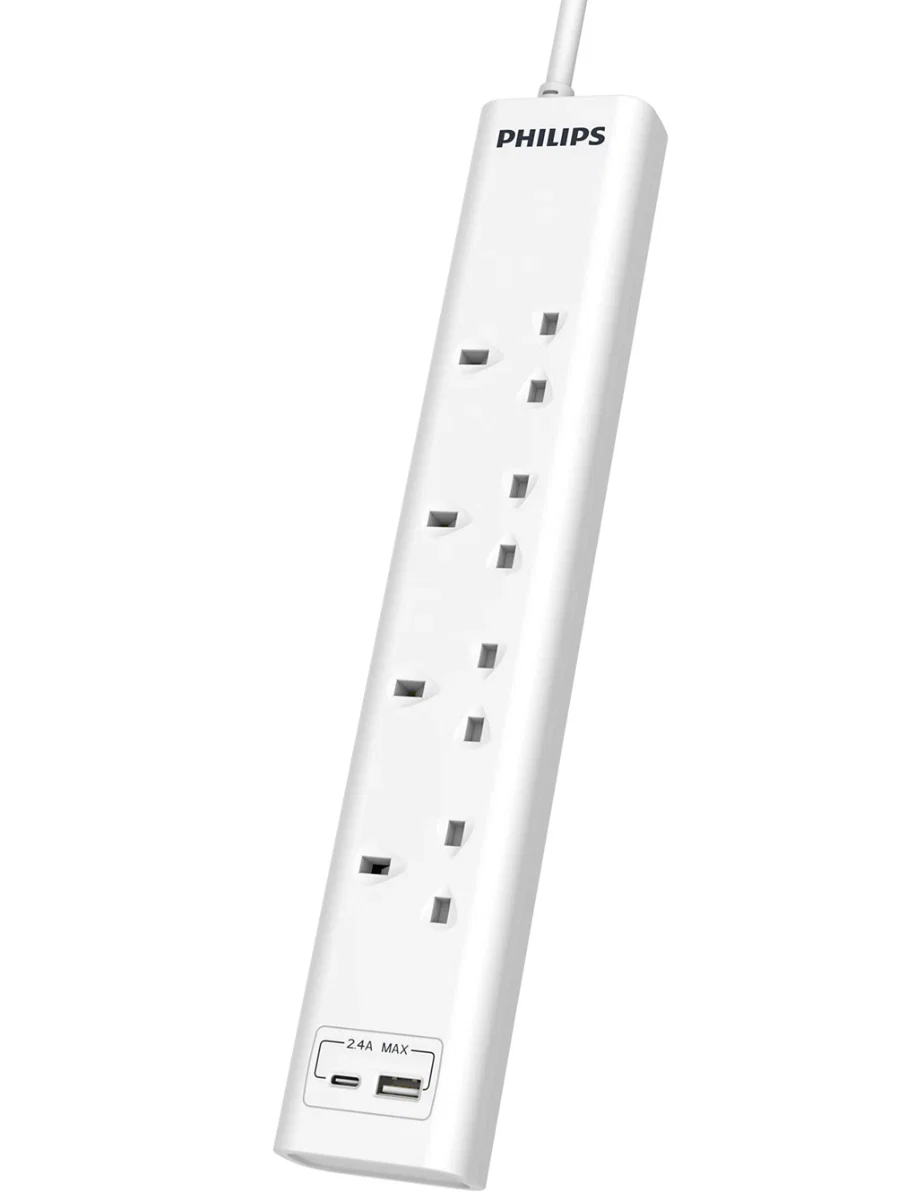 Philips Extension Cord 4Port UK + 2Port USB-A/C, 3250W, 3M, 13 Amps, White