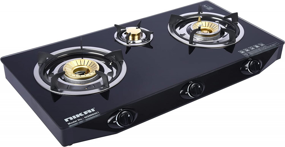 Nikai 3-burner gas hob with heat-resistant glass surface and self-ignition