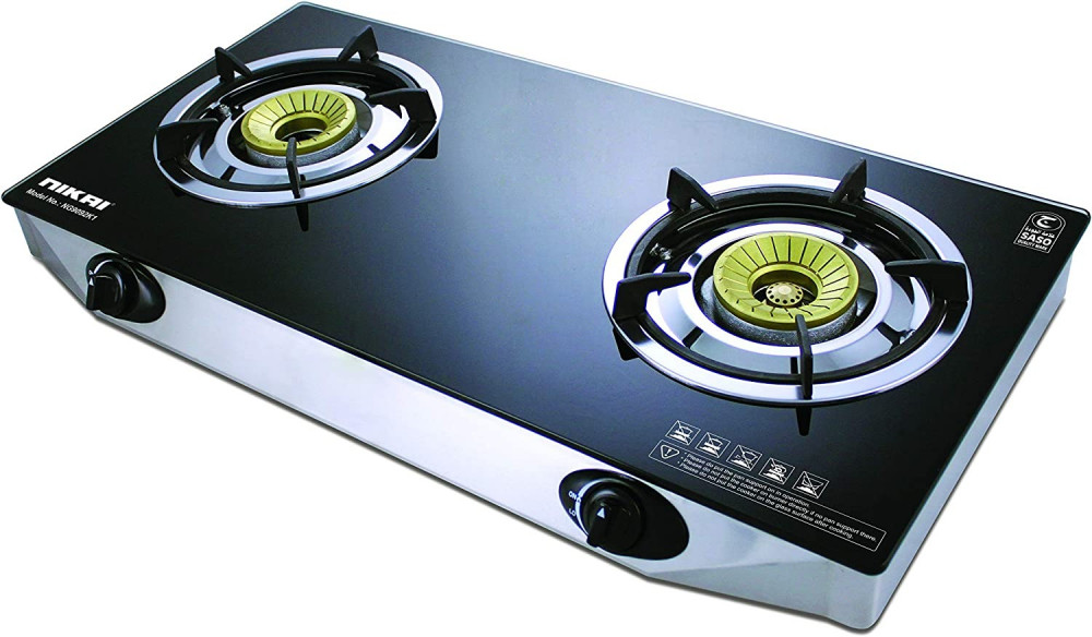 Nikai 2-burner gas hob with heat-resistant glass surface and self-ignition