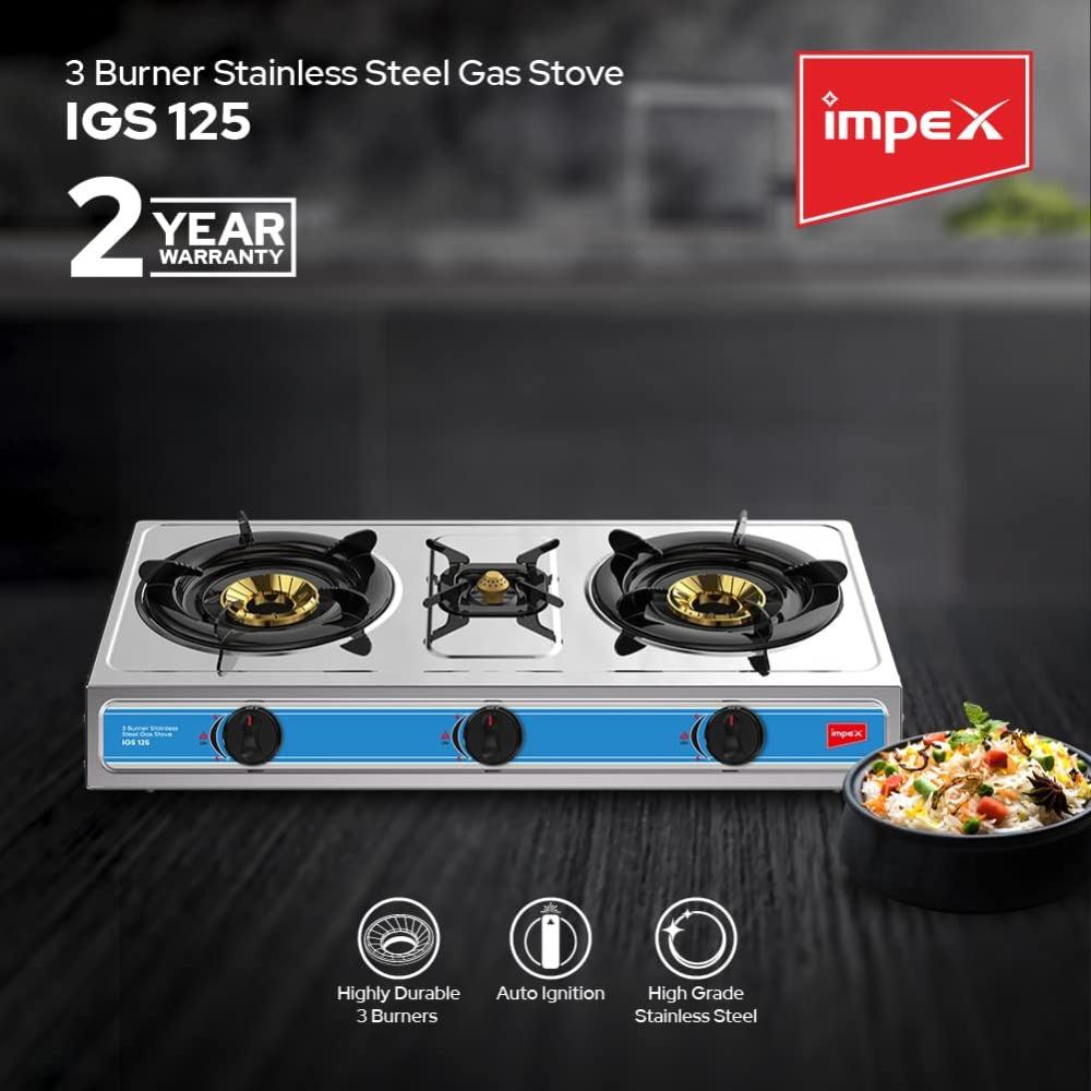 Impex 3-burner gas hob, stainless steel, self-ignition