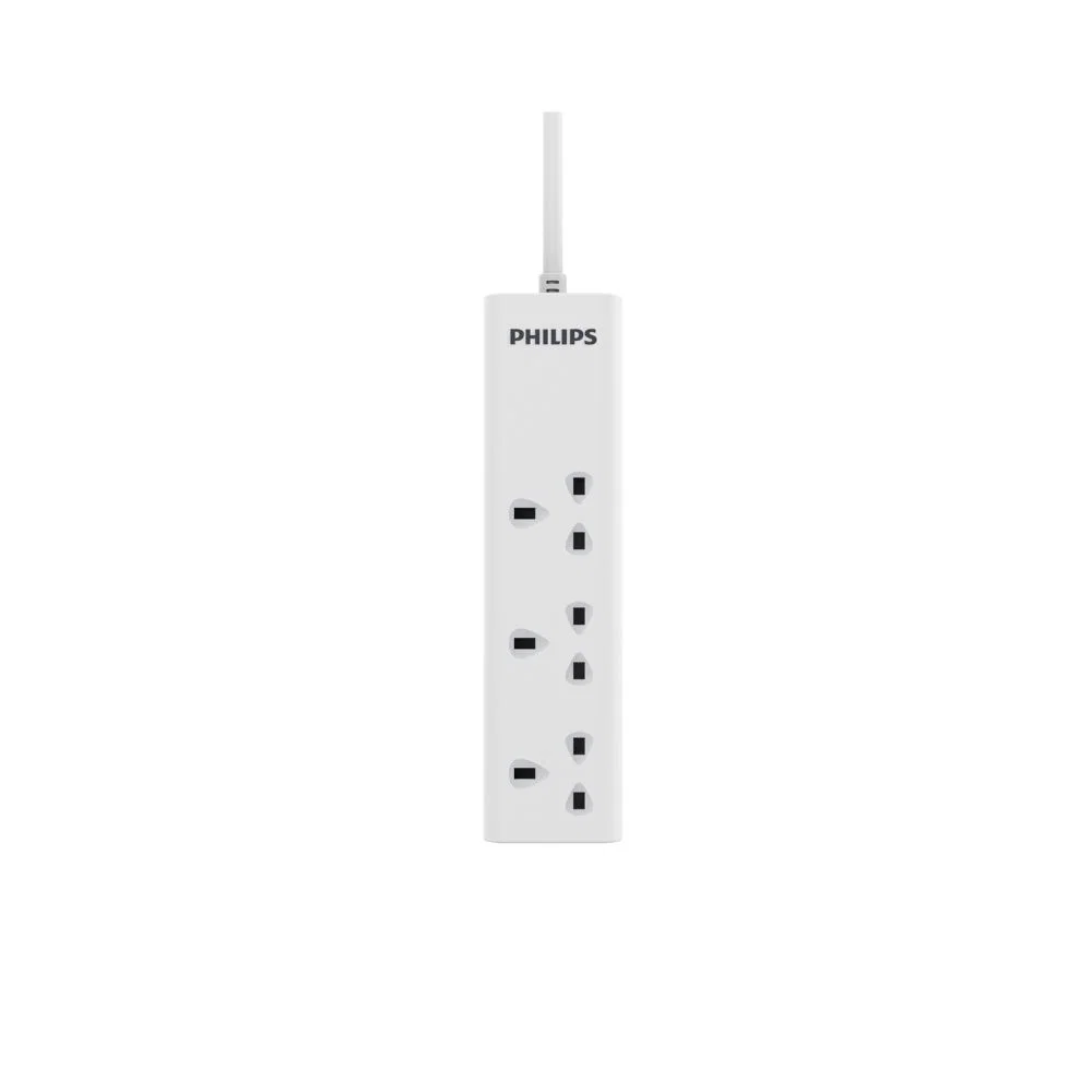Philips - Power Extension Cord, 3 Sockets, 2M Cable Length, White