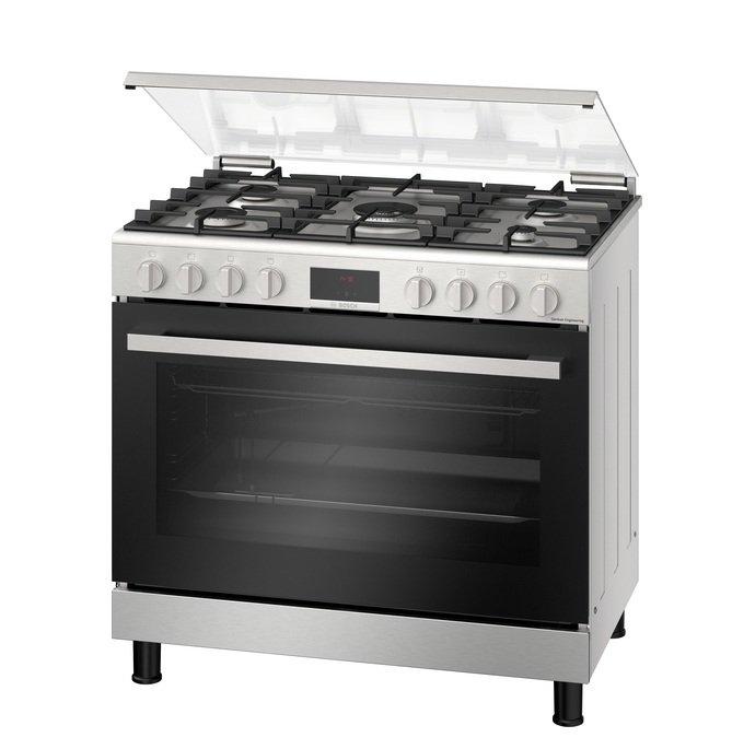 Bosch Freestanding Gas Cooker, 5 Burners, Series 6, 90x60, 125L Oven, Electronic Timer, Stainless S