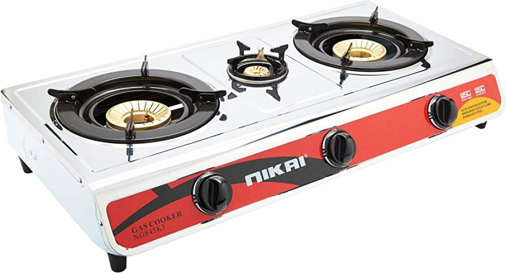 Nikai 3-burner gas hob, stainless steel, self-ignition