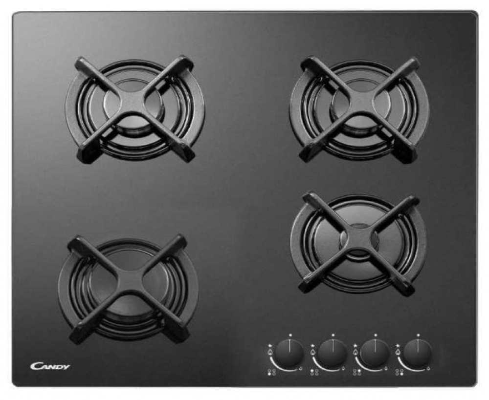 Candy Built-in Gas Hob, Italian, Black - 60 cm - 4 Burners, Self-Ignition, Full Safety, Solid Grid
