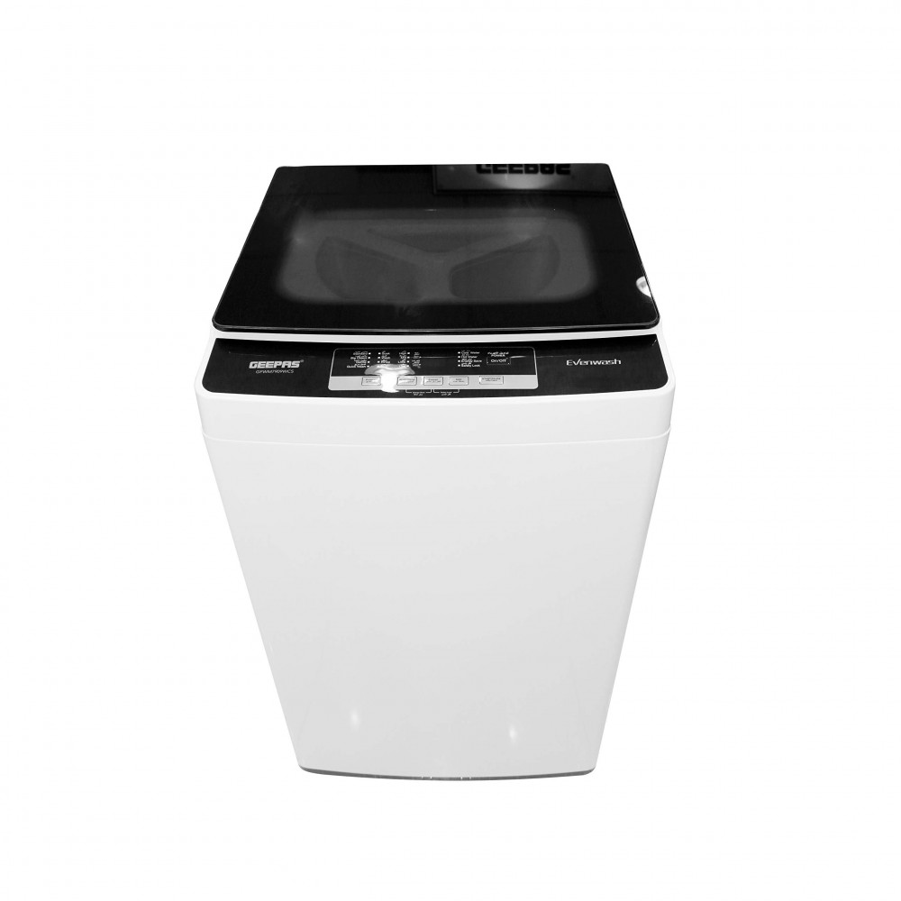 Geepas top-loading automatic washing machine, 7 kg capacity, glass door, white
