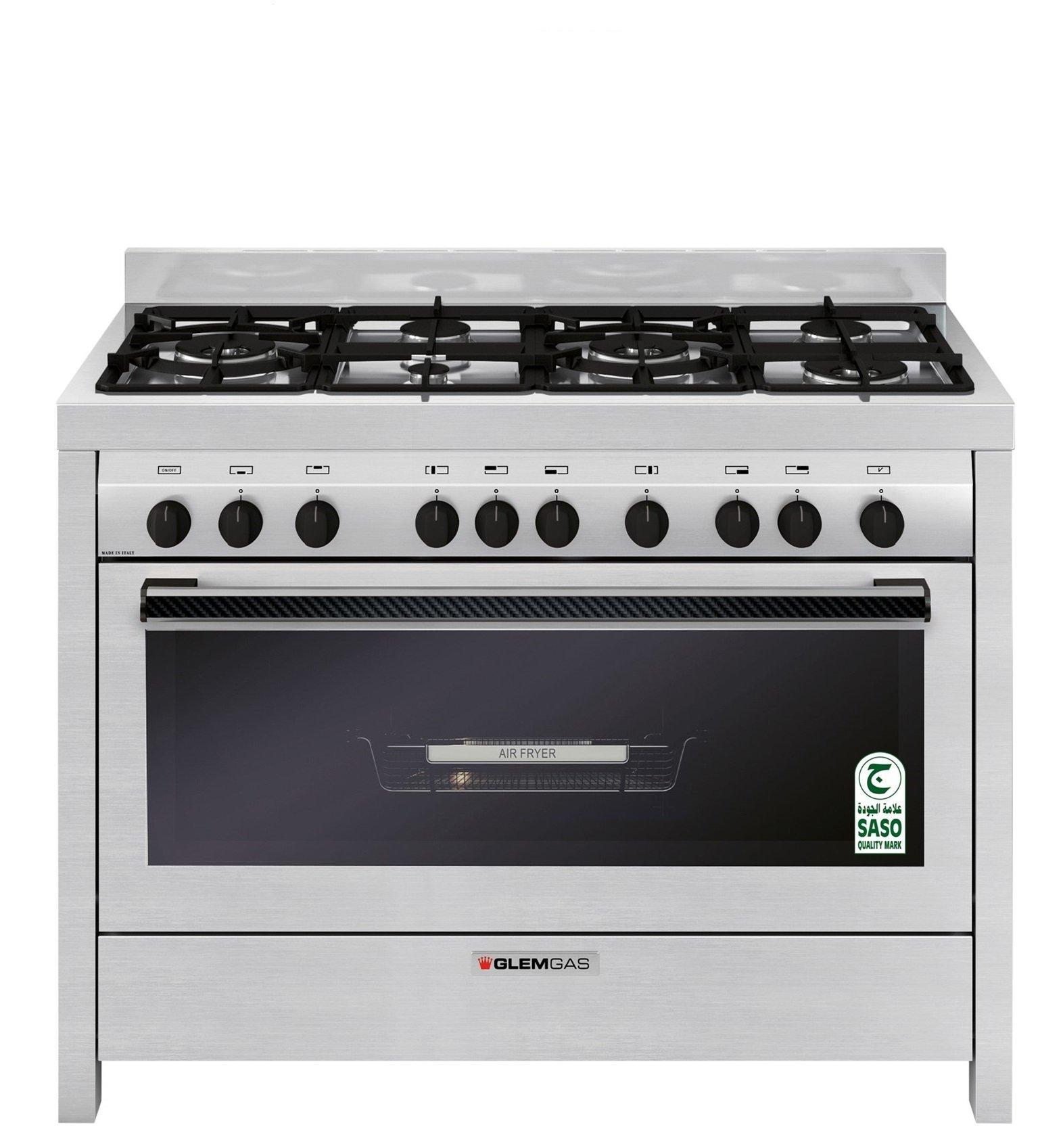 GlemGas Cooker, 6Gas Burner, 120X60, Titanium Enamel, Full Safety, Air Fryer,Tangential Cooling Fan