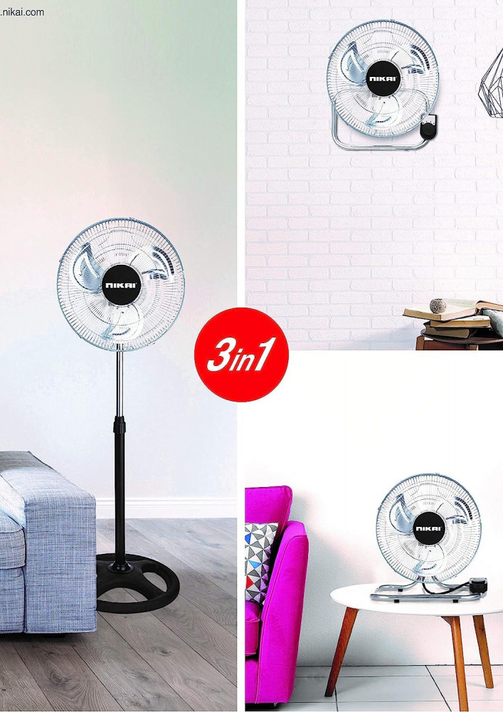 Nikai 3-blade aluminum desk/wall pedestal fan, 3 speeds, 45 watts