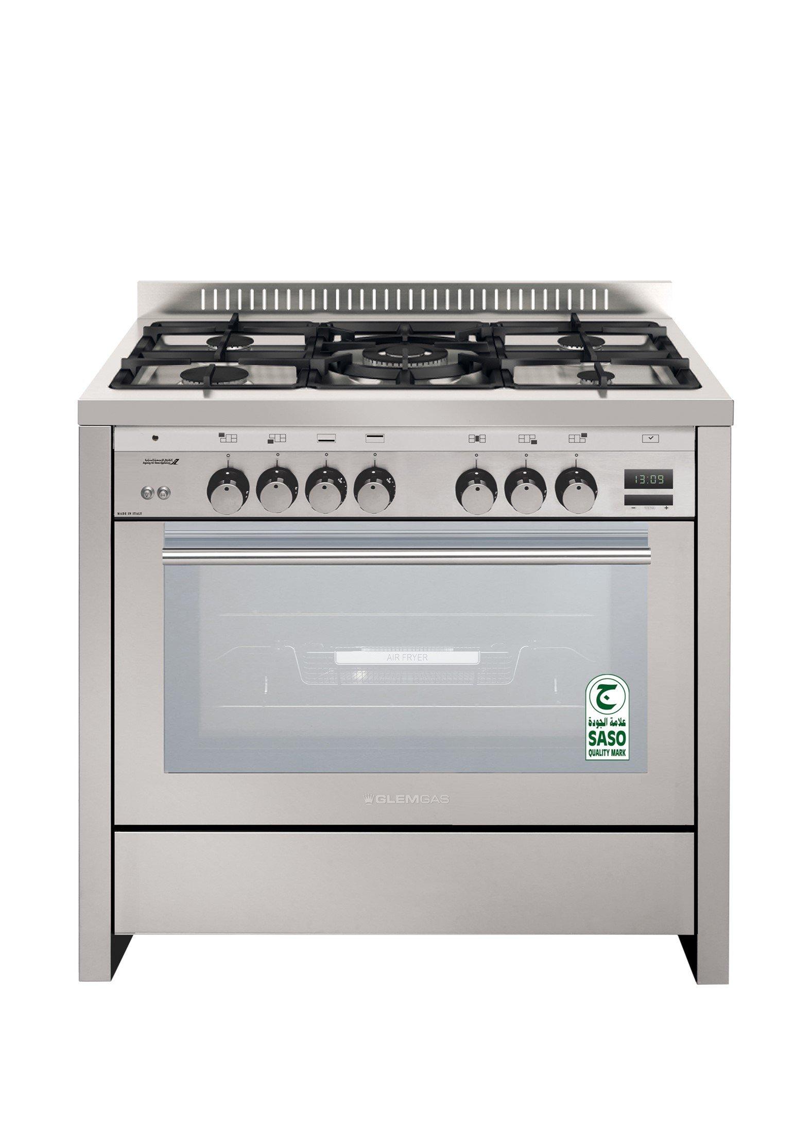 Glem Gas Cooker 100X60, Stainless Steel Full Safety, Cast Iron Pan Support