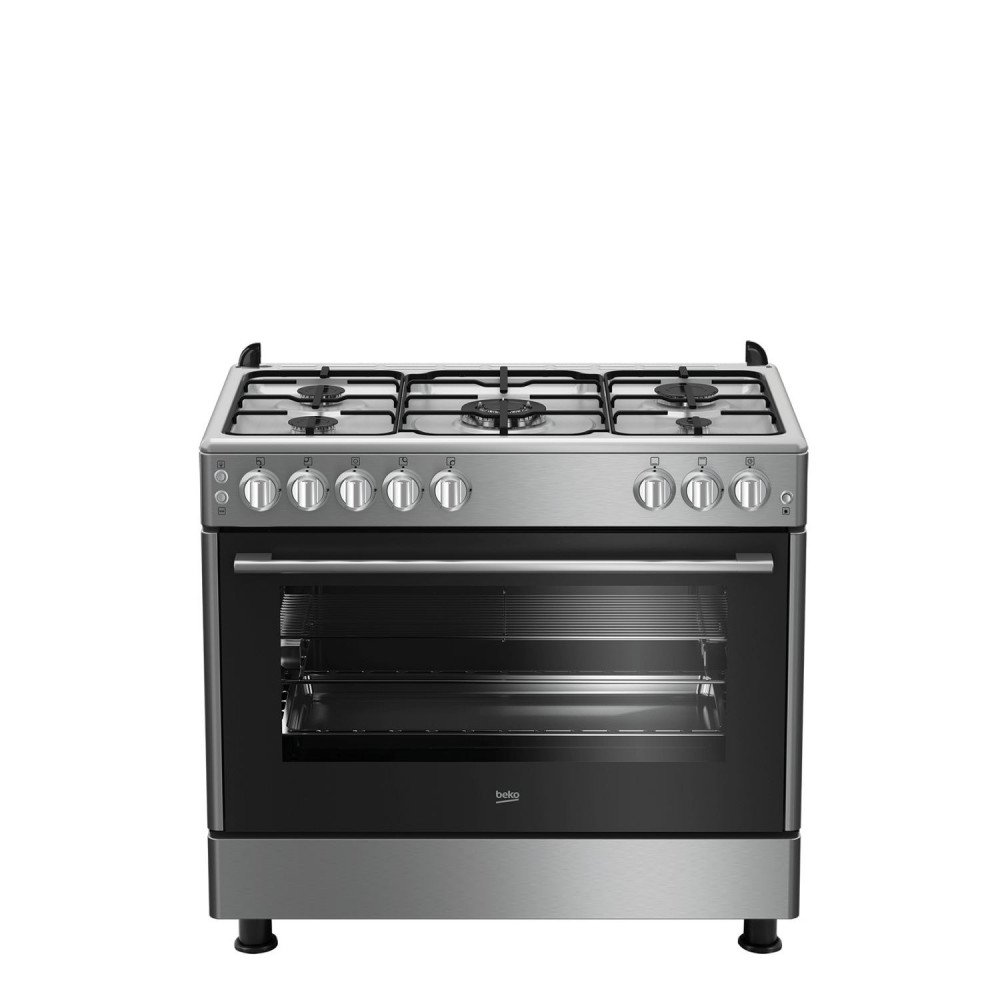 Beko gas oven, 90x60 cm, stainless steel, 5 burners, safety features, enamel