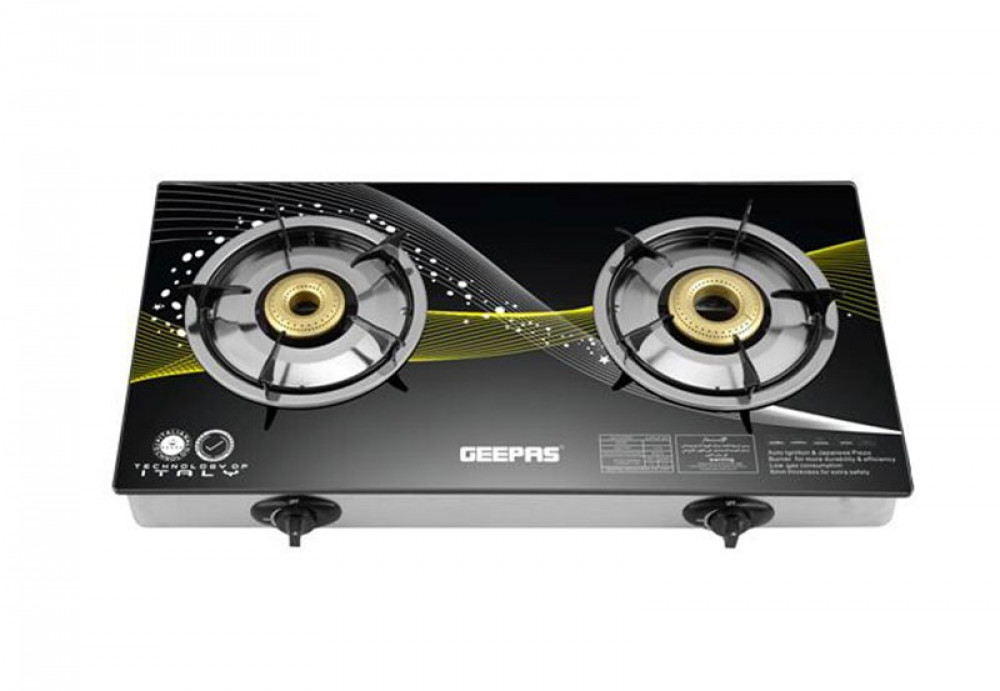 Geepas gas hob, 2 burners, black glass top