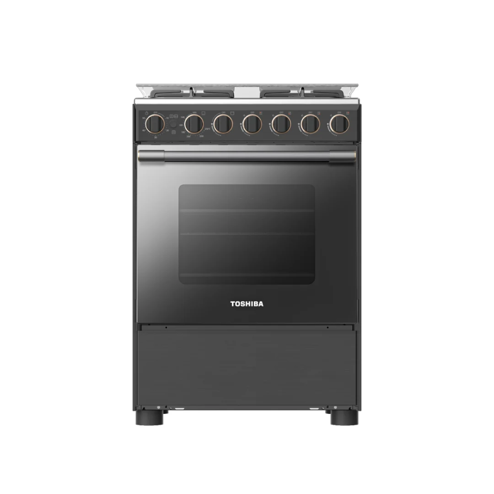 Toshiba 60cm gas oven, 4 burners, self-ignition, safety features, stainless steel, heavy-duty rack