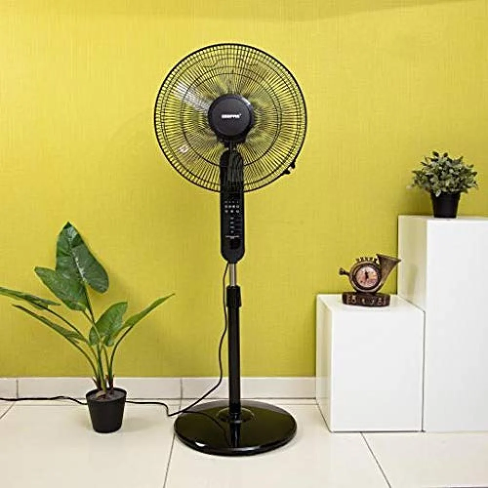Geepas 16-inch 5-blade pedestal fan with remote control, black