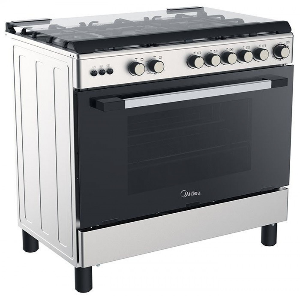 Midea gas oven, 60*90 cm, heavy-duty rack, 5 burners, safety features, grill, timer, stainless steel, silver knobs